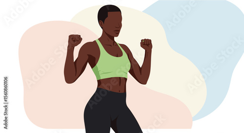 A vibrant, flat design illustration showcases a confident, athletic Black woman in workout gear, ideal for a fitness landing page or marketing banner promoting wellness.