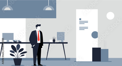 a minimalist office scene with a man in a suit standing in front of a desk, flanked by two potted plants. Suitable for landing page, banner, marketing, web design, presentation, infographic, etc.