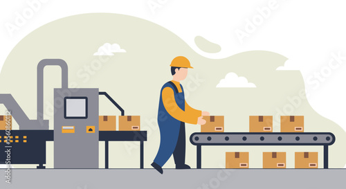 a worker in a blue jumpsuit and hard hat operating a conveyor belt with multiple boxes. Suitable for landing page, banner, marketing, web design, presentation, infographic, etc.