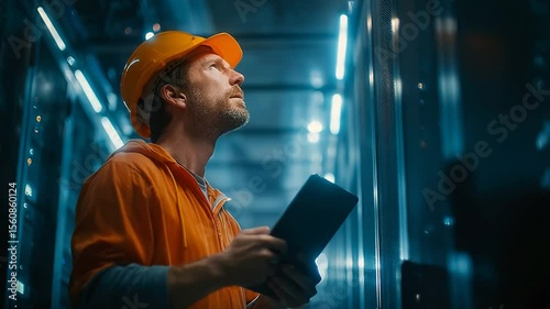 A worker in orange gear and a hard hat looks upwards, holding a tablet, in a tech-filled server room with blue lighting