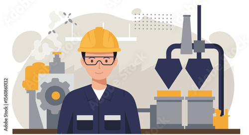 Friendly industrial worker in flat design style, perfect for landing pages, banners, marketing presentations, and web design projects needing an infographic illustration.