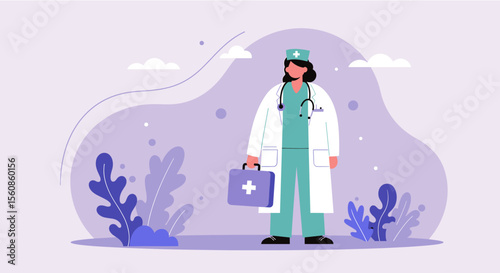A friendly female doctor in a white coat stands confidently, holding a medical kit, surrounded by abstract shapes and foliage in a flat design style.