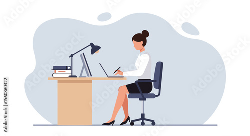 A stylish businesswoman works on her laptop and graphics tablet at her desk, creating a marketing landing page banner design in a flat design style, perfect for web design presentations and
