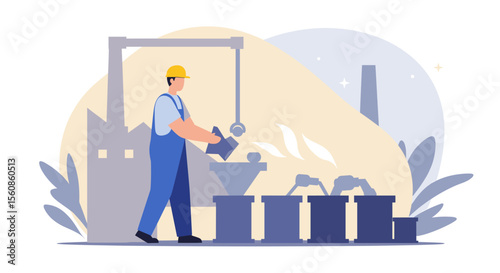 An illustrated industrial worker in a factory setting, managing production and quality control with a focus on efficiency and precision for marketing and presentation materials.