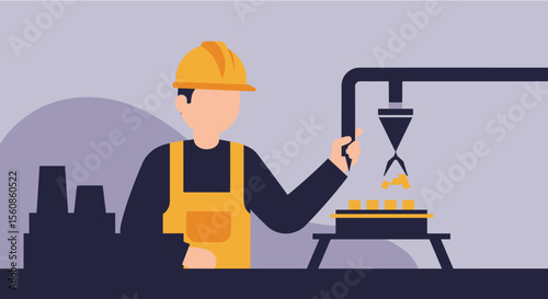Flat design illustration of a factory worker operating machinery on an industrial production line, suitable for web banners.