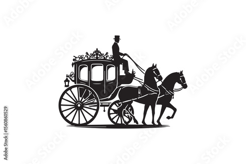  a old style carriage with two horses and a coachman  silhouette with a simple, understated design set against a white background  