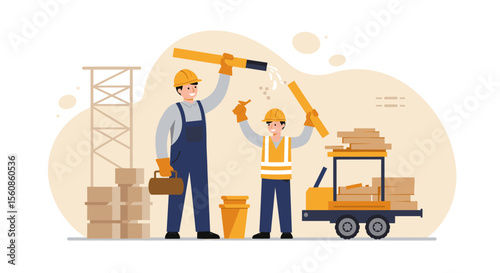 Two happy construction workers celebrating a successful project, holding pipes and tools against a flat design background, ideal for landing page banners, marketing materials, and web design projects.