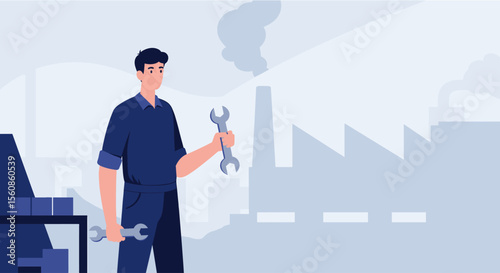 a man in a blue uniform holding a wrench and standing in front of a factory with smoke rising from it. Suitable for landing page, banner, marketing, web design, presentation, infographic, etc.