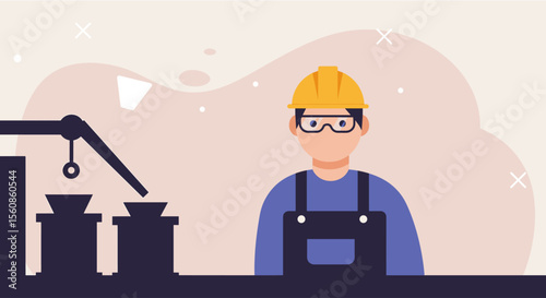 a construction worker wearing a hard hat and safety glasses standing in front of industrial equipment. Suitable for landing page, banner, marketing, web design, presentation, infographic, etc.