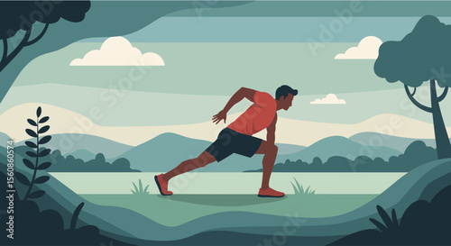 A man stretches his leg in a vibrant outdoor park setting, perfect for a health and wellness banner or landing page, showcasing a healthy lifestyle with flat design.