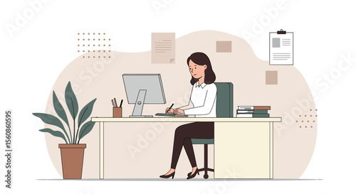 A female graphic designer is working on a computer and graphics tablet at her desk, creating marketing materials for a landing page or presentation.  The illustration is in a flat design style,
