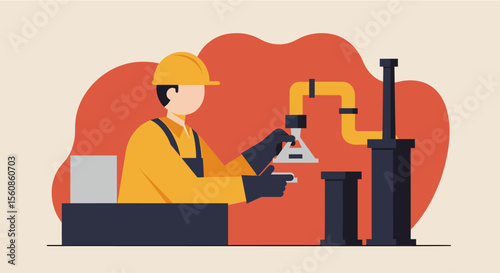 a worker in a yellow hard hat and overalls operating a piece of machinery with a yellow pipe attached to it. Suitable for landing page, banner, marketing, web design, presentation, infographic, etc.