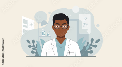 a man wearing glasses and a white lab coat, standing in front of a backdrop with medical equipment and plants. Suitable for landing page, banner, marketing, web design, presentation, infographic, etc.