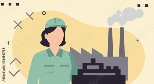 a woman wearing a hard hat, standing in front of a factory with smoke stacks. Suitable for landing page, banner, marketing, web design, presentation, infographic, etc.