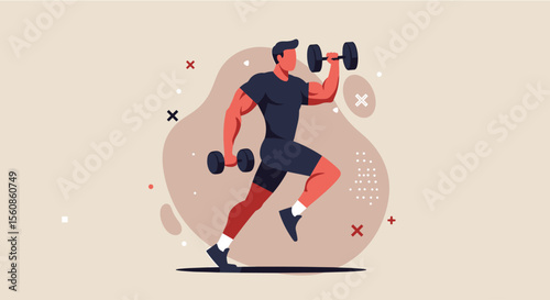 a man in a black t-shirt and shorts, actively engaged in weightlifting, with dumbbells in his hands. Suitable for landing page, banner, marketing, web design, presentation, infographic, etc.