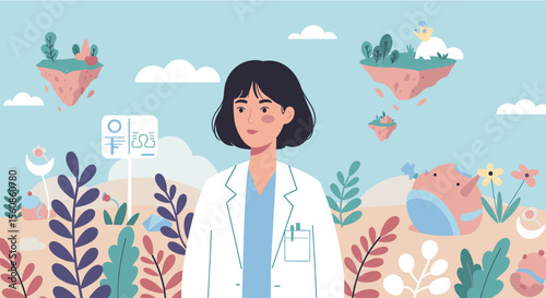 a woman in a white lab coat standing in a garden with floating islands, plants, and whimsical creatures. Suitable for landing page, banner, marketing, web design, presentation, infographic, etc.