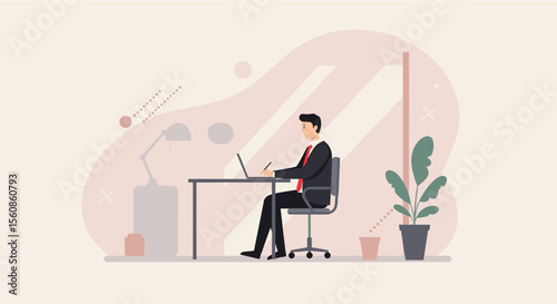 a man in a suit sitting at a desk, working on a laptop, with a plant to his right and a lamp to his left. Suitable for landing page, banner, marketing, web design, presentation, infographic, etc.