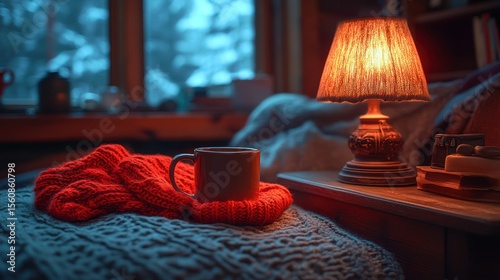 Cozy winter scene; warm mug, knit blanket, lamplight