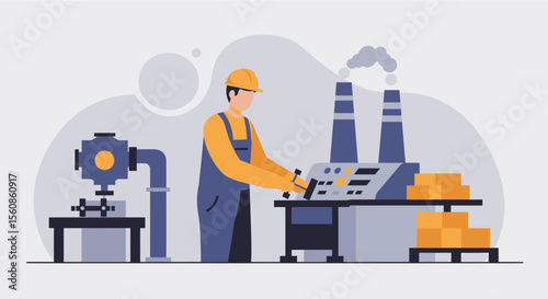 a worker in a factory setting, operating a machine with pipes and smoke stacks in the background. Suitable for landing page, banner, marketing, web design, presentation, infographic, etc.