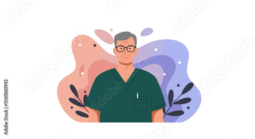 A friendly, illustrated doctor with glasses and grey hair stands confidently against a colorful, abstract background, perfect for medical presentations and web design.