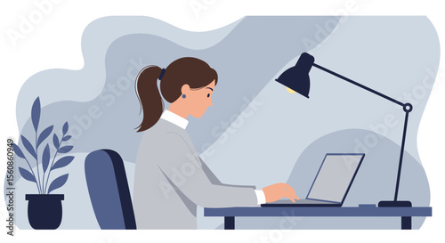 A woman is seated at a desk, focused on her work on a laptop, with a lamp providing light to her workspace. Suitable for landing page, banner, marketing, web design, presentation, infographic, etc.