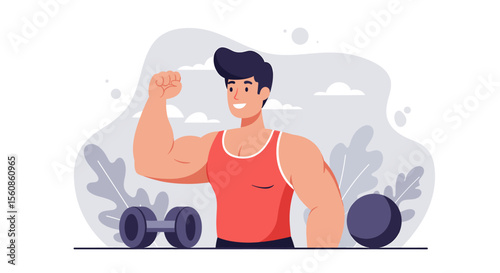 a man flexing his bicep, wearing a red tank top, with dumbbells and a plant in the background. Suitable for landing page, banner, marketing, web design, presentation, infographic, etc.