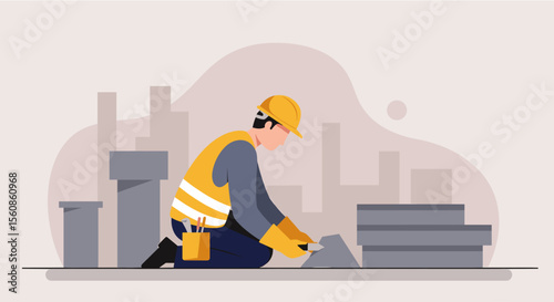 Skilled construction worker in safety gear meticulously applying mortar to building materials on a construction site, flat design.