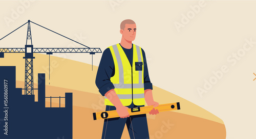 a construction worker in a high-visibility vest holding a level, with a construction crane in the background. Suitable for landing page, banner, marketing, web design, presentation, infographic, etc.