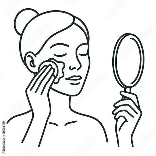 Young woman applying skincare while looking in a mirror  