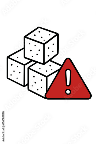 Sugar cubes with warning sign symbolizing health risk  