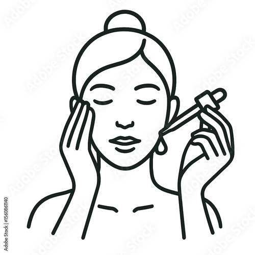 Young woman applying serum to her face with closed eyes  