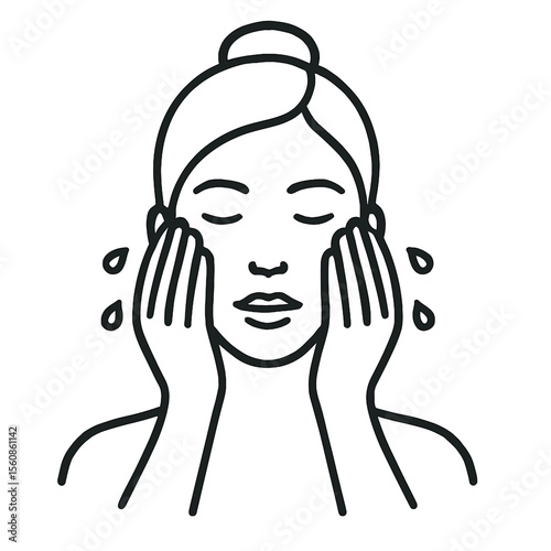 Woman cleansing her face with water in minimalist line art style  