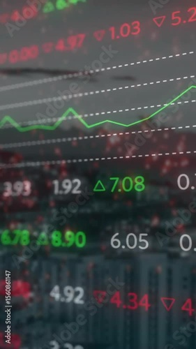 Animation of financial data processing over cityscape