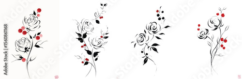 Set of floral arrangements with roses and berries in ink style
