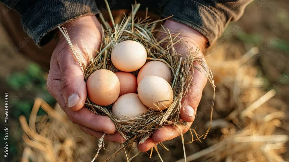 Close-up of hands cradling a nest of eggs, surrounded by straw, showcasing the connection to nature and farm life