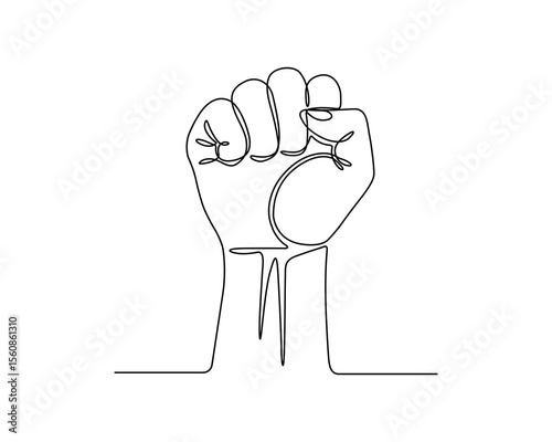 Raised fist in one continuous line drawing, Fist up hand single one line art, linear style, isolated on a white background