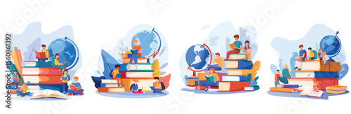 Students read books and study on piles of books with a globe
