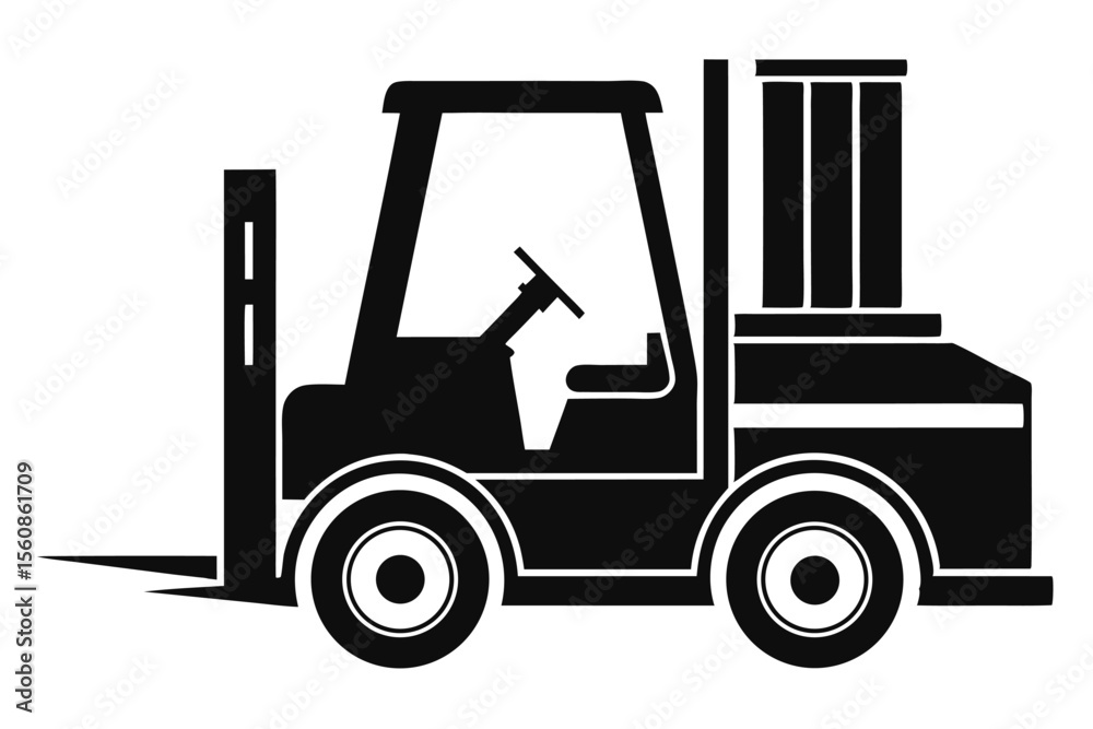Naklejka premium Silhouette Illustration of a Forklift with Forks, Steering Wheel, and Cabin Area View