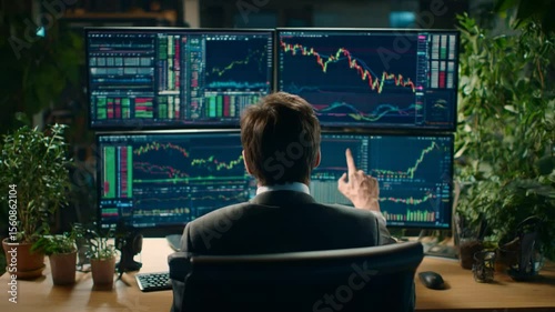 A person in a suit monitors stock charts on multiple screens surrounded by plants.  A finger points at a chart