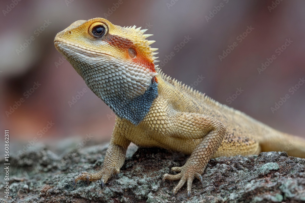 Obraz premium Bearded dragon resting on textured stone surface with yellow scales spiky neck frill