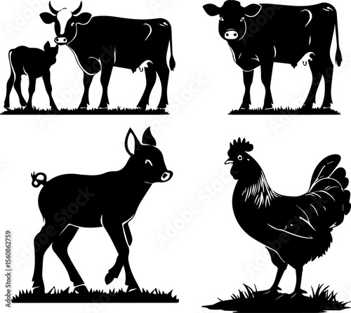Cattle, Donkey, Sheep, and Chicken Silhouettes


