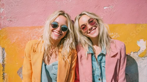Two blond women, smiling in front of a colorful wall. One wears orange, the other pink, with sunglasses