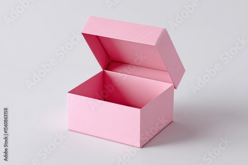 Open pink box on white surface with lid ajar creating a soft shadow capturing clean minimalist presentation