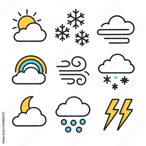 Weather icon set featuring sun, snow, wind, and rain symbols  
