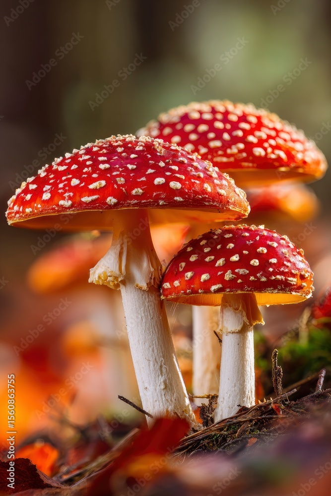 Obraz premium Three red and white spotted toadstools in a forest setting with two larger and one smaller mushroom prominent