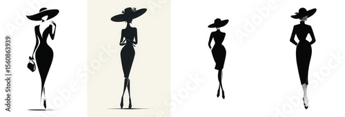 Set of silhouette elegant woman wearing dress and hat poses