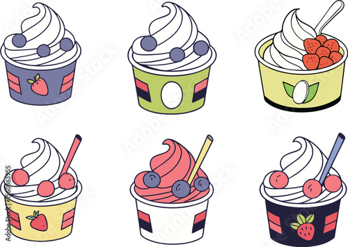  A set of yogurt cups with different fruits vector illustration art.