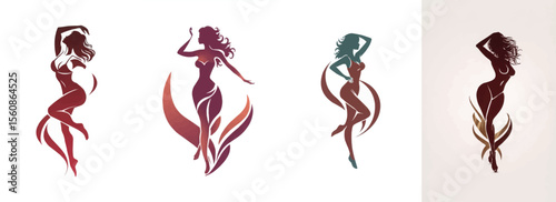 Set of stylized silhouettes of women posing with artistic elements