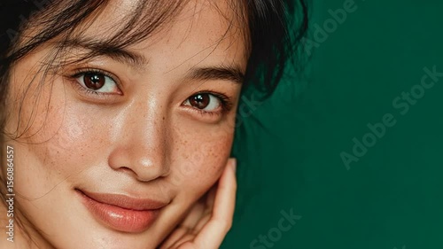 Close-up portrait of a person with a gentle smile, freckles, and dark hair against a rich green background