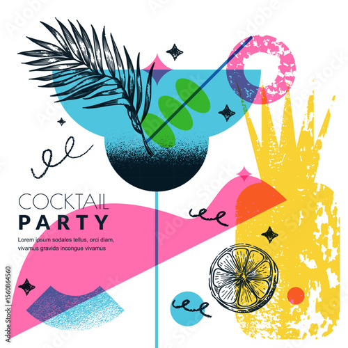 Summer party banner. Modern vector collage, hand drawn sketch illustrations. Design for beach club poster or bar menu